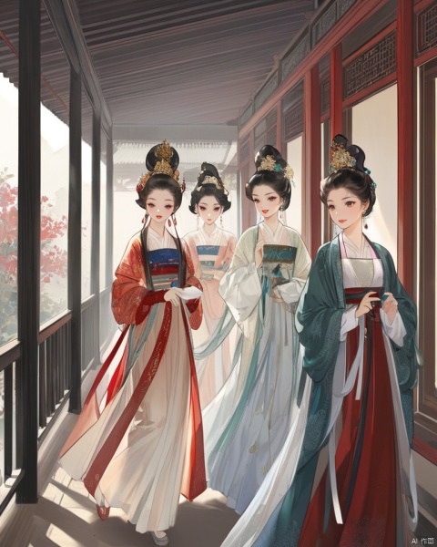 In the detailed illustration, multiple girls in stunning Hanfu attire walk through a veranda. Adorned with jewelry and beautiful hair ornaments, they exude elegance. Their black hair, red lips, and traditional makeup complement their attire. Each girl's long sleeves, earrings, and intricate hairstyles add to their charm. Despite their number, the focus remains on their collective beauty and grace.