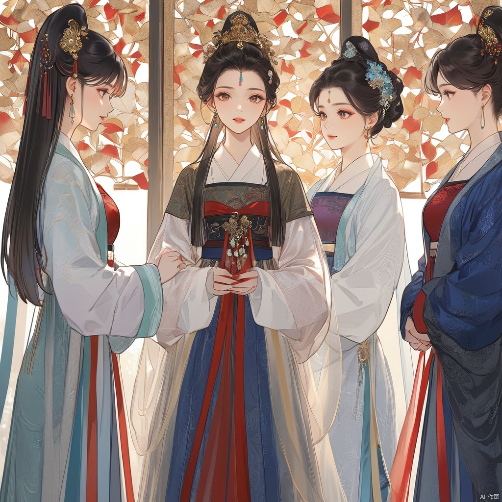  (best quality), ((masterpiece)), (highres),solo focus, detailed illustration of multiple girls in stunning Hanfu attire are talking to each others. Adorned with jewelry and beautiful hair ornaments, they exude elegance. Their black hair, red lips, facial decoration, and traditional makeup complement their attire. Each girl's long sleeves, earrings, and intricate hairstyles add to their charm. Despite their number, the focus remains on their collective beauty and grace.