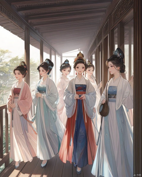 (best quality), ((masterpiece)), (highres),solo focus, In the detailed illustration,6 girls in stunning Hanfu attire walk through a veranda. Adorned with jewelry and beautiful hair ornaments, they exude elegance. Their black hair, red lips, and traditional makeup complement their attire. Each girl's long sleeves, earrings, and intricate hairstyles add to their charm. Despite their number, the focus remains on their collective beauty and grace.
