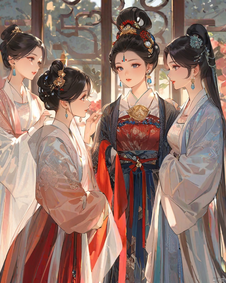  (best quality), ((masterpiece)), (highres),solo focus, detailed illustration of multiple girls in stunning Hanfu attire are talking to each others. Adorned with jewelry and beautiful hair ornaments, they exude elegance. Their black hair, red lips, facial decoration, and traditional makeup complement their attire. Each girl's long sleeves, earrings, and intricate hairstyles add to their charm. Despite their number, the focus remains on their collective beauty and grace.