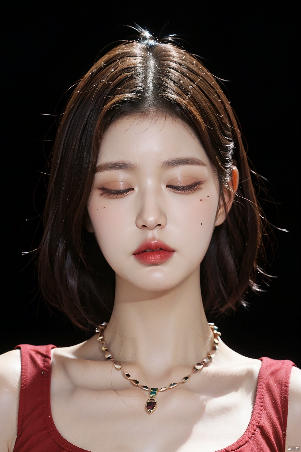 1girl, solo, looking at viewer, short hair, brown hair, black hair, brown eyes, jewelry, closed mouth, one eye closed, necklace, mole, black eyes, lips, v, makeup, lipstick, portrait, realistic, red lips