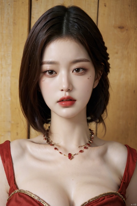 1girl, solo, looking at viewer, short hair, brown hair, black hair, brown eyes, jewelry, closed mouth, necklace, mole, black eyes, lips, v, makeup, lipstick, portrait, realistic, red lips