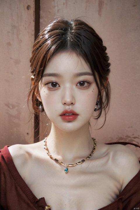 1girl, solo, looking at viewer, short hair, brown hair, black hair, brown eyes, jewelry, closed mouth, necklace, mole, black eyes, lips, v, makeup, lipstick, portrait, realistic, red lips, shirt_lift