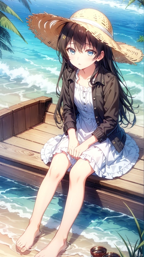  {{large masterpiece}}, stunning art, best quality, highres, extremely and beautiful detailed, extremely detailed CG unity 8k wallpaper, happy, river, 
\n, \n, 1girl, Fuuka_Sasaki, blue eyes, from above, ahoge, extremely long hair, long_hair, solo, sitting, hat, barefoot, soaking_feet, black_hair, lantern, water, outdoors, straw_hat, jacket, dress, cloud, brown_eyes, sky, long_sleeves, open_clothes, yellow_eyes, knee_up, tree, bare_legs, boat, gravel, stone beach, grass