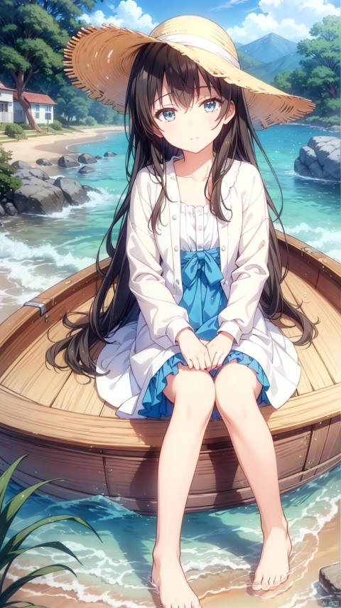  {{large masterpiece}}, stunning art, best quality, highres, extremely and beautiful detailed, extremely detailed CG unity 8k wallpaper, happy, river, 
\n, \n, 1girl, Fuuka_Sasaki, blue eyes, from above, ahoge, extremely long hair, long_hair, solo, sitting, hat, barefoot, soaking_feet, black_hair, lantern, water, outdoors, straw_hat, jacket, dress, cloud, brown_eyes, sky, long_sleeves, open_clothes, yellow_eyes, knee_up, tree, bare_legs, boat, gravel, stone beach, grass