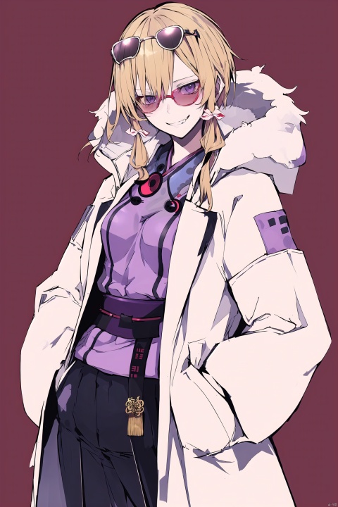 ,solo,1girl,(yakumo yukari:1.2),blonde hair,evil eyes,sunglasses,hands in pockets,fur-trimmed coat,ornate clothes,fashion,evil grin,45°,expressive clothes,mannequin