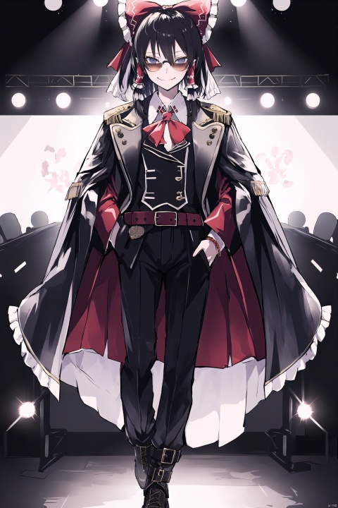 ,solo,1girl,hakurei reimu,black hair,evil eyes,sunglasses,hands in pockets,dress shirt,tailcoat,black bodysuit,ornate clothes,fashion,evil grin,45°,expressive clothes,mannequin,stage,belt bow,leather boots