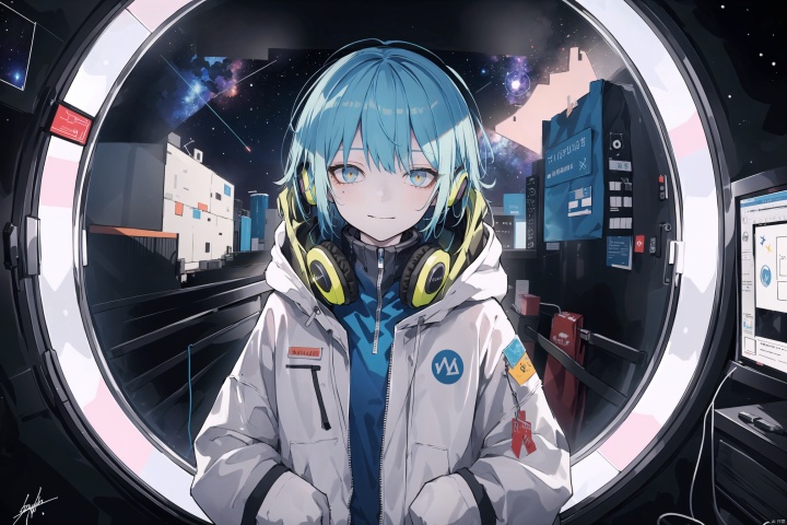 ((masterpiece)), ((best quality)), ((illustration)), Postcard border,space,starry sky,galaxy,space station,The Tyndall effect,Authentic tones,Matrix building,glass door,1girl,blue hair,headphones,sticker on face,jacket partially removed,nuclear reactor,mechanical spine,projector screen,hands in pockets,doyagao,Fluorescent clothing,battlesuit,cyberpunk,signature, (masterpiece)