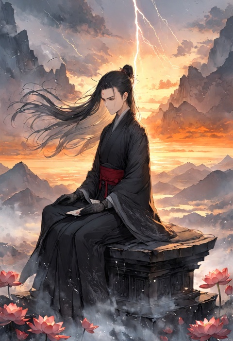  ink wash painting,mountaintop,lotus pedestal,sunrise,Cracked sky,The Tyndall effect,god rays,Mythological scenes,black flame,1boy,frown,dhyana mudra,tall female,white hair,longeyelashes,mole under eye,red eyeshadow,golden eyes,squinting,crossed legs,sitting,black gown,red belt,lace gloves,long hair,hair spread out,forehead mark,terastal,field of blades,ofuda,thunder,lightning, , ananmo