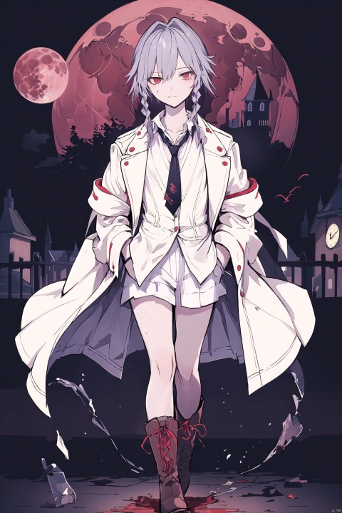 castlevania,night,castle background,blood moon,1girl,(izayoi sakuya:1.2),clock eyes,hands in pockets,dress shirt,leather boots,scar on cheek,troll,red eyes,walking,necktie overhang,