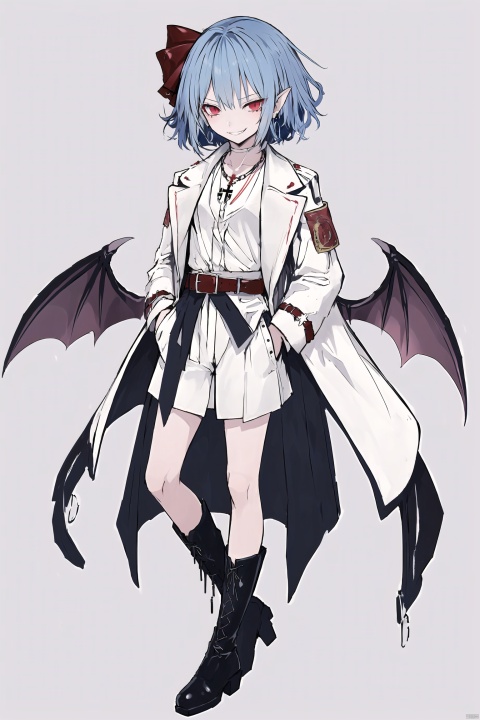 ,solo,1girl,chibi,(remilia scarlet:1.2),blue hair,evil eyes,vampire,hands in pockets,butler clothes,ornate clothes,cross necklace,earrings,fashion,evil grin,45°,expressive clothes,mannequin,stage,belt bow,leather boots,