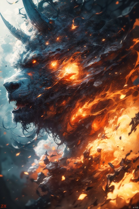  Angry [Subject] wallpaper, in the style of aggressive digital illustration, anamorphic lens flare, OX, expressive strokes, dark & explosive, close-up, huoshen,zhurongshi, yinghuo,burning