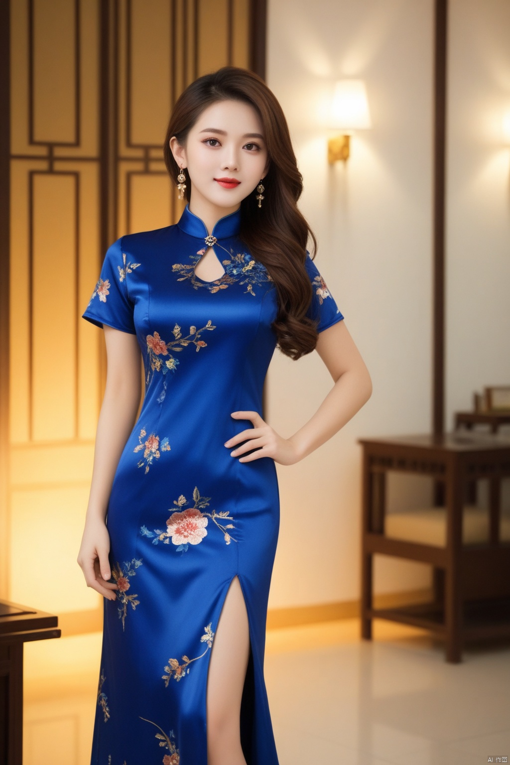 (a Busty lady),(Elegant),((cowboy_shot)), (full body:1.5), ((Blue printed satin short-sleeved cheongsam)), Long skirt with side slit, (Long curly hair), ((Floral Hairpin)), ((Pearl necklace)), (((Pendant earrings made of gold))),(((engagement ring))),(((A bracelet made of jade))), ((A lady stands in the living room)),(At night, warm and soft lighting),
, ((poakl)), 