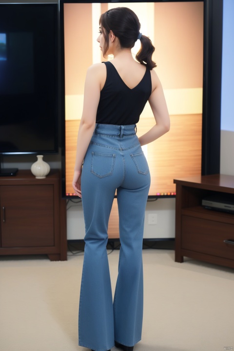  ((full body photo))), A woman in a black top and a gray high-waisted (flared trousers) is standing in front of a TV and a vase, low tied hair, (with a back), (the back of the head), the vase has flowers, Ambreen Butt, a slim body like a hourglass, a hologram, video art
