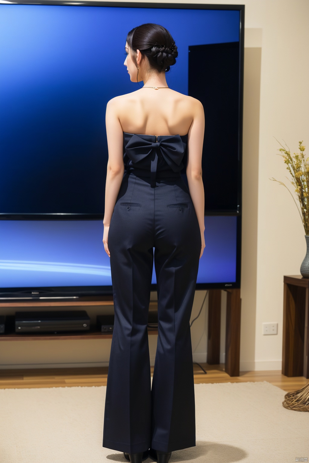  (((full body Photo))), A woman in a black top and a gray high-waisted flared trousers is standing in front of a TV and a vase, low tied hair, with a back, the back of the head, the vase has flowers, Ambreen Butt, a slim body like a hourglass, a hologram, video art