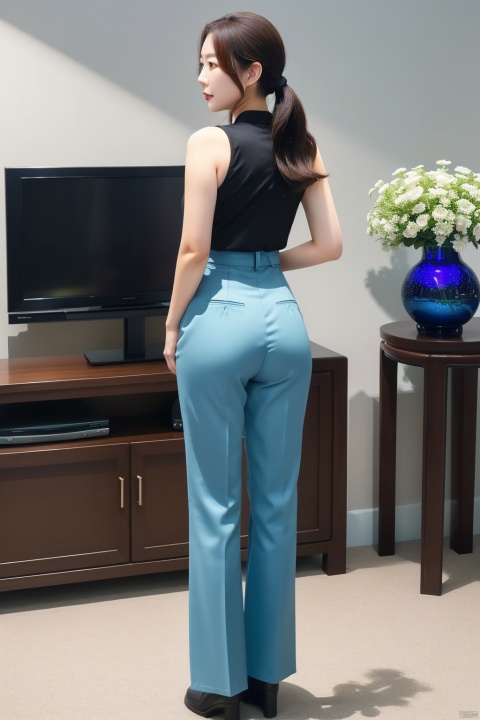  ((full body photo))), A Busty Chinese woman in a black top and a gray high-waisted ((flared trousers)) is standing in front of a TV and a vase, low tied hair, ((with a back)), ((the back of the head)), the vase has flowers, Ambreen Butt, a slim body like a hourglass, a hologram, video art