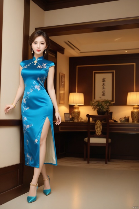 (a Busty lady),(Elegant),((cowboy_shot)), (full body:1.8), ((Blue printed satin short-sleeved cheongsam)), Long skirt with side slit, ((Long curly hair)), ((swept bangs)), ((Floral Hairpin)), ((Pearl necklace)), (((Pendant earrings made of gold))),(((engagement ring))),(((A bracelet made of jade))), ((A lady stands in the living room)),(At night, warm and soft lighting),
, ((poakl)), 