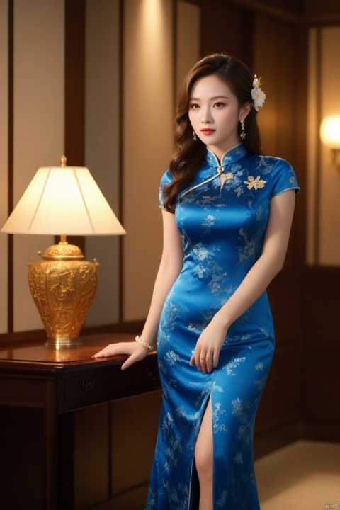 (a Busty lady),(Elegant),((cowboy_shot)), (full body:1.8), ((Blue printed satin short-sleeved cheongsam)), Long skirt with side slit, ((Long curly hair)), ((swept bangs)), ((Floral Hairpin)), ((Pearl necklace)), (((Pendant earrings made of gold))),(((engagement ring))),(((A bracelet made of jade))), ((A lady stands in the living room)),(At night, warm and soft lighting),
, ((poakl)), 