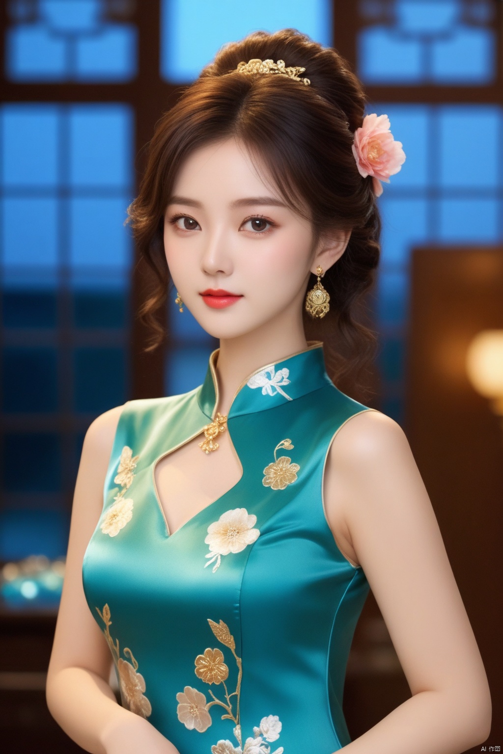  (a Busty lady),(Elegant),((cowboy_shot)), (full body photo), ((Blue printed satin short-sleeved cheongsam)), Long skirt with side slit, ((Long curly hair)), ((swept bangs)), ((Floral Hairpin)), ((Pearl necklace)), (((Pendant earrings made of gold))),(((engagement ring))),(((A bracelet made of jade))), ((A lady stands in the living room)),(At night, warm and soft lighting),
, ((poakl)),