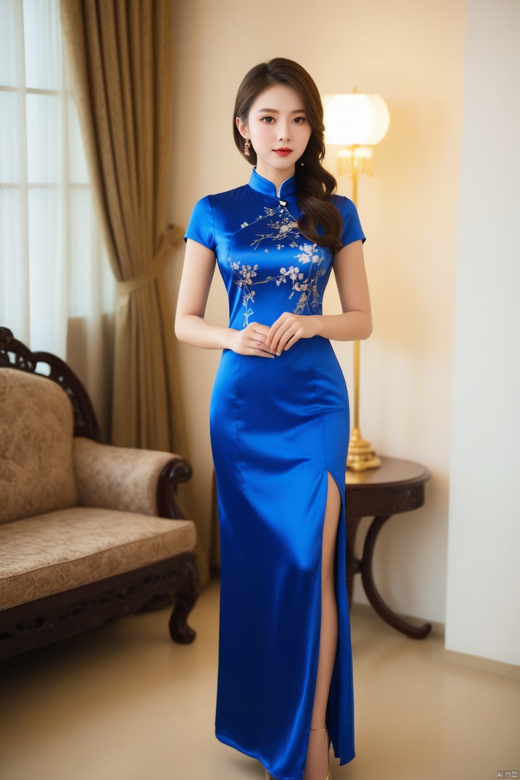 (a Busty lady),(Elegant),((cowboy_shot)), (full body:1.5), ((Blue printed satin short-sleeved cheongsam)), Long skirt with side slit, (Long hair),(((hair_bun)), ((Pendant earrings made of gold)),((A bracelet made of jade)), ((a girl Standing in the living room)),(At night, warm and soft lighting),
, ((poakl)), 1girl