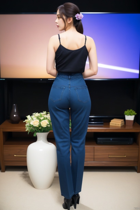  (((full body Photo))), A woman in a black top and a gray high-waisted flared trousers is standing in front of a TV and a vase, low tied hair, with a back, the back of the head, the vase has flowers, Ambreen Butt, a slim body like a hourglass, a hologram, video art