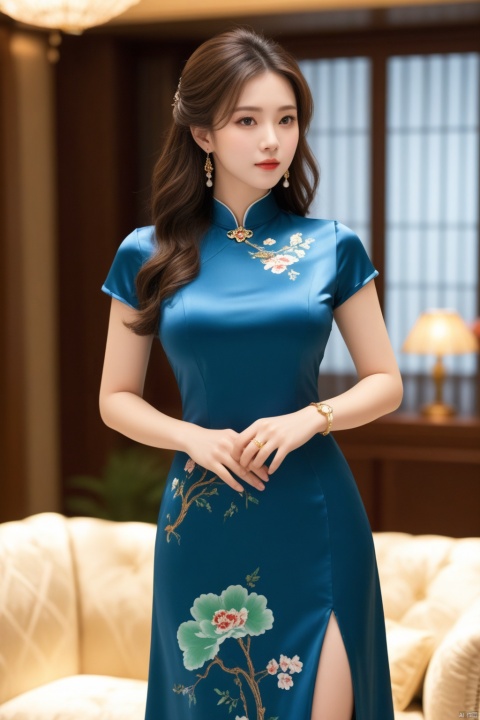  (full body photo), (a Busty lady),(Elegant),((cowboy_shot)), ((Blue printed satin short-sleeved cheongsam)), Long skirt with side slit, ((Long curly hair)), ((swept bangs)), ((Floral Hairpin)), ((Pearl necklace)), (((Pendant earrings made of gold))),(((engagement ring))),(((A bracelet made of jade))), ((A lady stands in the living room)),(At night, warm and soft lighting),
, ((poakl)),