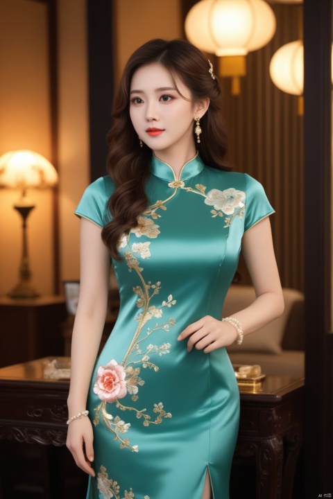  ((((full body photo)))), (a Busty lady),(Elegant),((cowboy_shot)), ((Blue printed satin short-sleeved cheongsam)), Long skirt with side slit, ((Long curly hair)), ((swept bangs)), ((Floral Hairpin)), ((Pearl necklace)), (((Pendant earrings made of gold))),(((engagement ring))),(((A bracelet made of jade))), ((A lady stands in the living room)),(At night, warm and soft lighting),
, ((poakl)),