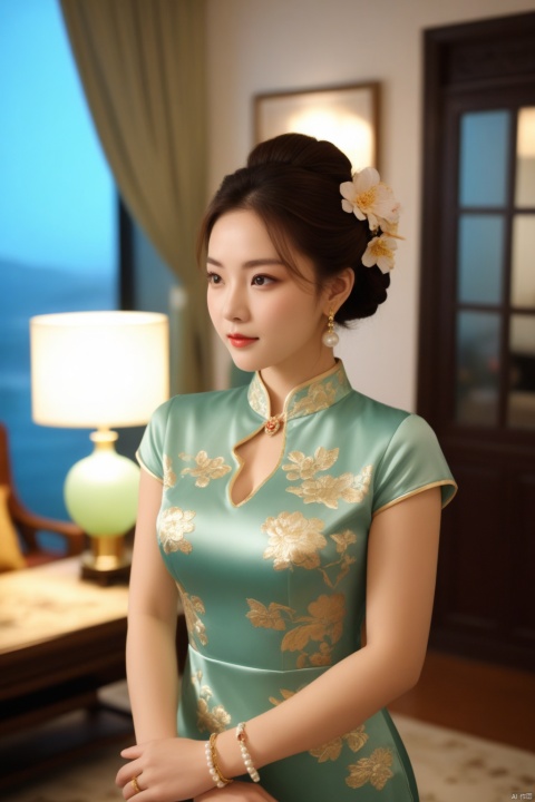 (a Busty lady),(Elegant),((cowboy_shot)), (full body:1.5), ((Blue printed satin short-sleeved cheongsam)), Long skirt with side slit, (Long hair),(((hair_bun)), ((Floral Hairpin)), ((Pearl necklace)), (((Pendant earrings made of gold))),(((engagement ring))),(((A bracelet made of jade))), ((A lady stands in the living room)),(At night, warm and soft lighting),
, ((poakl)), 