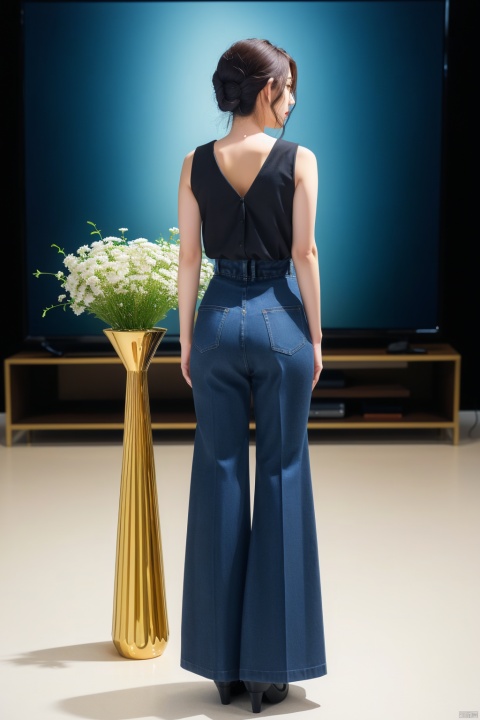  (((full body Photo))), A woman in a black top and a gray high-waisted flared trousers is standing in front of a TV and a vase, low tied hair, with a back, the back of the head, the vase has flowers, Ambreen Butt, a slim body like a hourglass, a hologram, video art