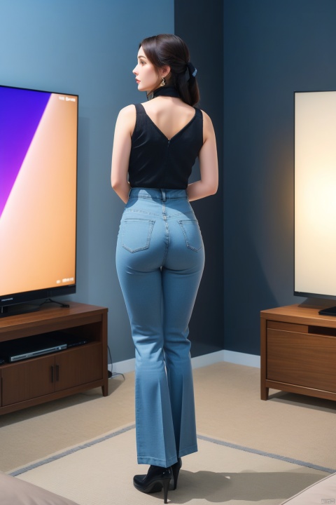  ((full body photo))), A Busty woman in a black top and a gray high-waisted ((flared trousers)) is standing in front of a TV and a vase, low tied hair, ((with a back)), ((the back of the head)), the vase has flowers, Ambreen Butt, a slim body like a hourglass, a hologram, video art
