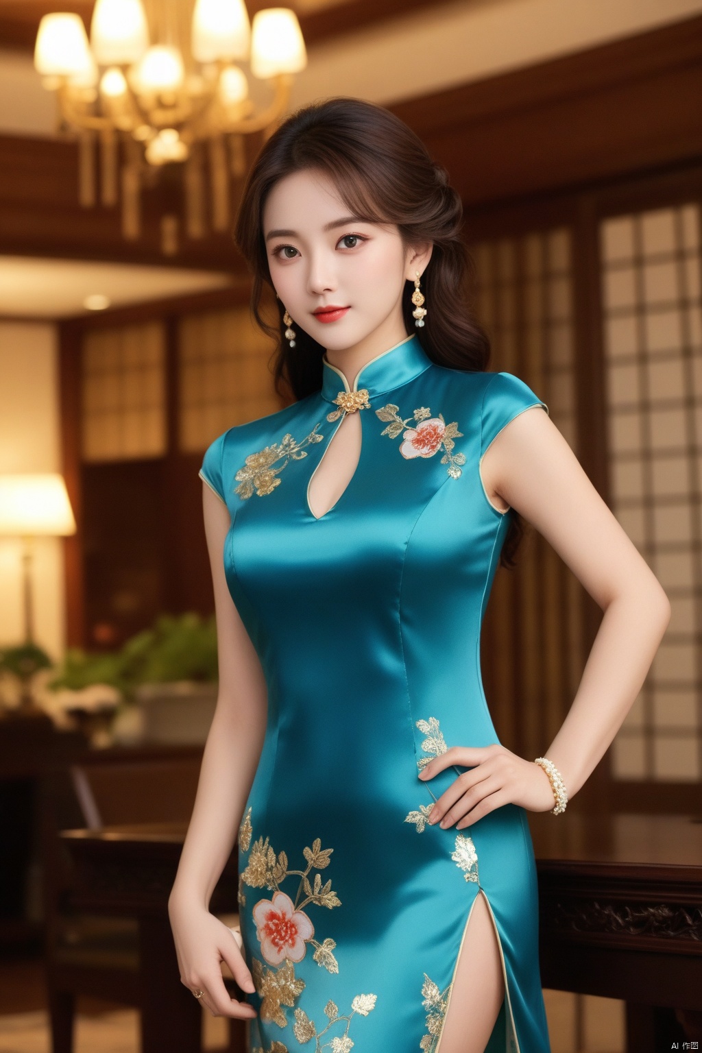  (((full body photo))), (a Busty lady),(Elegant),((cowboy_shot)), ((Blue printed satin short-sleeved cheongsam)), Long skirt with side slit, ((Long curly hair)), ((swept bangs)), ((Floral Hairpin)), ((Pearl necklace)), (((Pendant earrings made of gold))),(((engagement ring))),(((A bracelet made of jade))), ((A lady stands in the living room)),(At night, warm and soft lighting),
, ((poakl)),