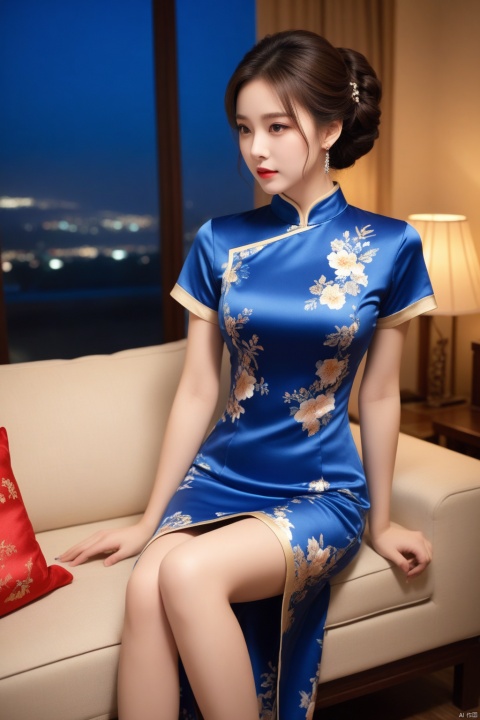 (a Busty lady),((cowboy_shot)), (full body:1.5), ((Blue printed satin short-sleeved cheongsam)), Long skirt with side slit, (Long hair),(((hair_bun)), (earring), ((a girl Standing in the living room)),(At night, warm and soft lighting),
, ((poakl)), 1girl