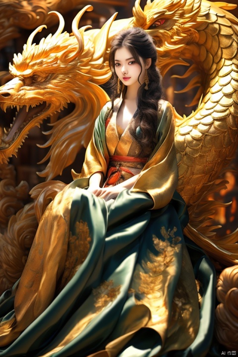  1 girl, behind a golden dragon, Face the Camera, Full Body Show, HD resolution, rich details, rich colors, dragon
