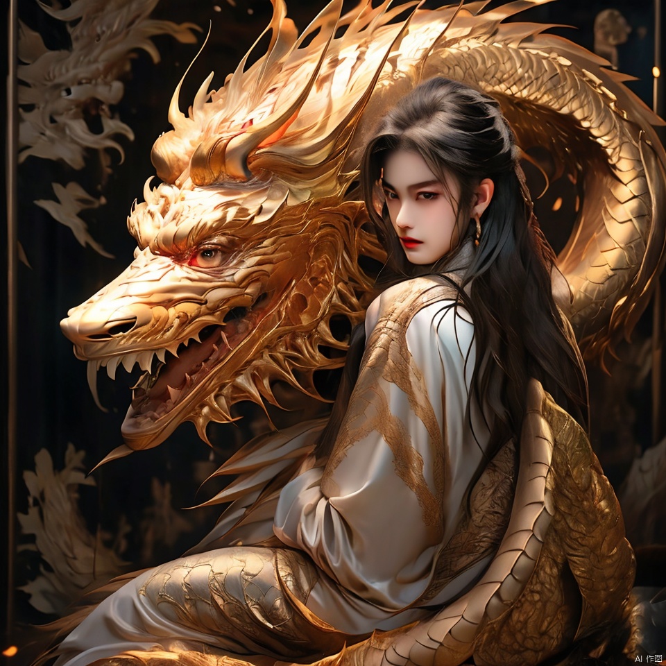  1 girl, behind a golden dragon, Face the Camera, Full Body Show, HD resolution, rich details, rich colors, dragon, danjue