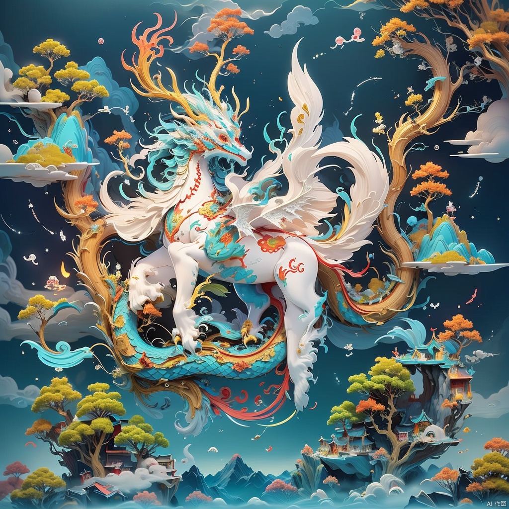  Chinese mythology, the Book of Mountains and Seas, spiritual Heavenly Dragon, two dragon horns on the head, powerful dragon tail, flying in the air, divine dragon tail, full of the sense of flowing clouds, no one, clouds, trees, luminous eyes, outdoor, forest, looking at the audience, nature, solo, whole body, horns, divine beasts