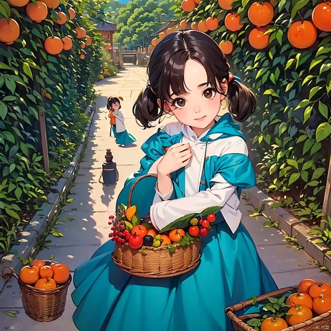  In a (orange) orchard, A girl in a beautiful princess dress holds a basket (orange), the best picture quality, the highest resolution