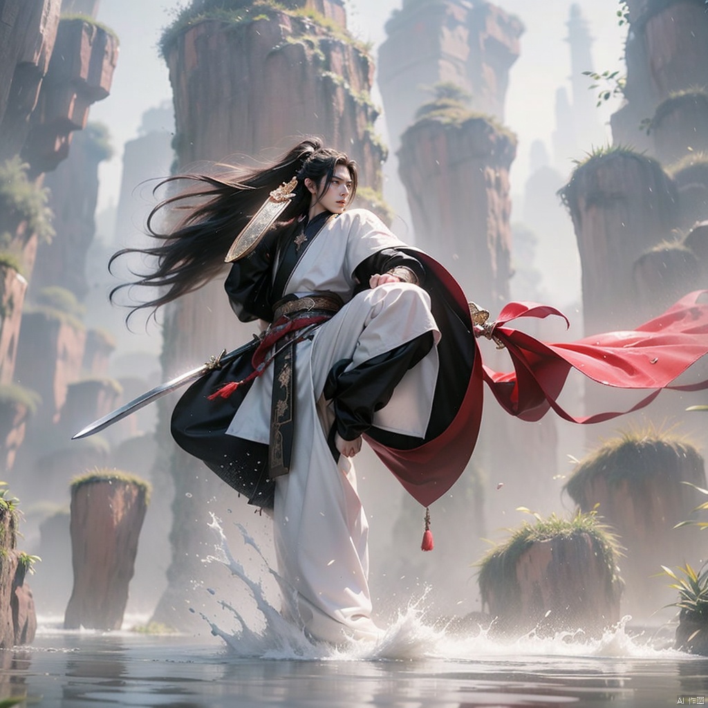  Male, (handsome), (thin), long sword, greatsword,long hair,floating hair, wet clothes, waterfall, cliff,tower , looking up at the sky, Chinese fantasy, rain, 32K uhd,