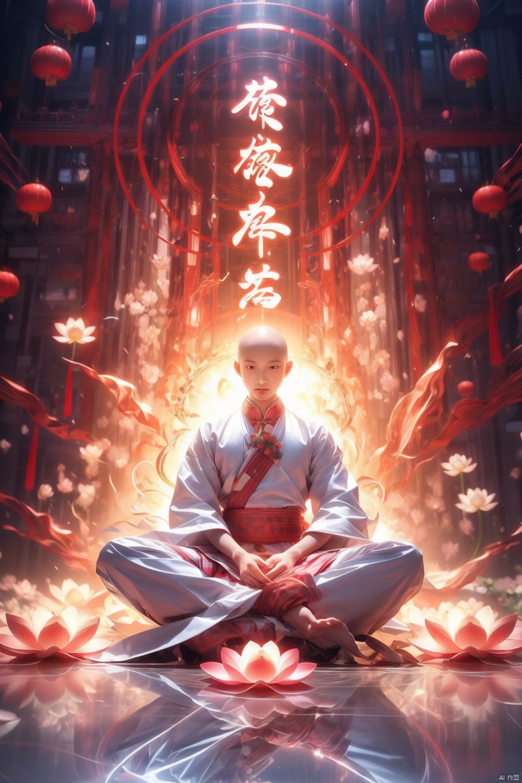  Best quality, 8k,cg,A handsome young Chinese monk doing yoga, sitting on a lotus flower, dressed in white and light red Hanbok, Chinese Kung Fu, Chinese style, futuristic, spinning, standing in front of many glowing text backgrounds, with various Chinese runes flashing in formation, including impact, explosion, special effects, perspective, 3D rendering, OC rendering, 8k