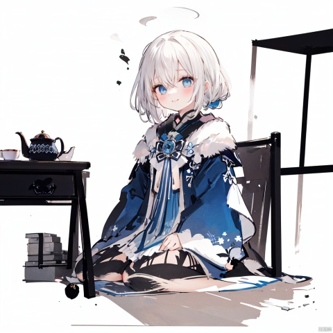  traditional media ,ink sketch, (flat color), (cropped background),
1girl, solo,
white hair, long hair, hair between eyes, blue starry eyes, 
light smile, light blush, cupping hands,
[china dress|school uniform], blue clothes, long sleeves, pleated dress, 
upper body, sitting, indoors, wooden table, wooden wall, tea set, open window, 
east asian architecture, zydink,