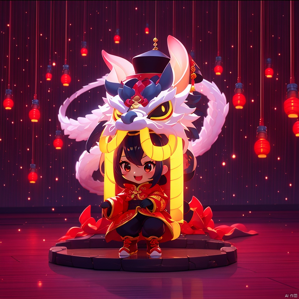  (masterpiece, top quality, best quality, official art), (full body), 1 girl, :d, tiger tooth, Chinese Spring Festival, winter, red sweater, clothes with a hat, hat with dragon characteristics, Chinese dragon, dragon head, Chinese courtyard, indoors, messy room, red theme, masterpiece, dragon,eastern dragon