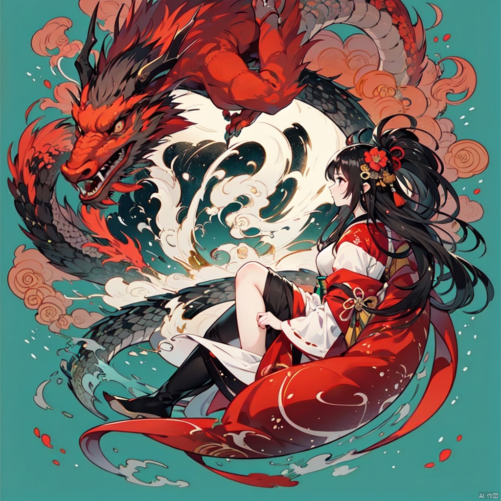  HTTP,HTTP2, 1girl, perfect hand,long hair, hanfu, waves, eastern dragon, dragon, solo, very long hair, fine art parody, sun, fish , Chinese dragons_ink and wash styles_misty clouds_ancient paintings_flames, Night scene,eastern dragon, keqingdef, ru_qun