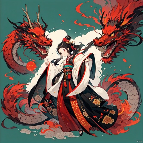  HTTP,HTTP2, 1girl, perfect hand,long hair, hanfu, waves, eastern dragon, dragon, solo, very long hair, fine art parody, sun, fish , Chinese dragons_ink and wash styles_misty clouds_ancient paintings_flames, Night scene,eastern dragon, keqingdef, ru_qun