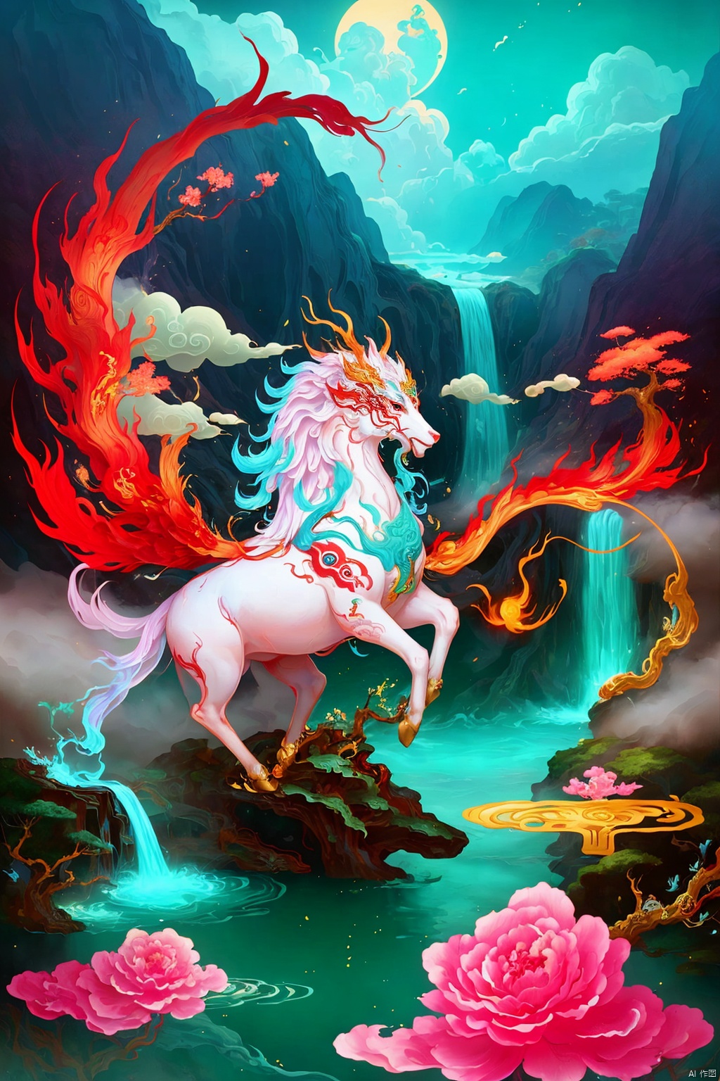  Oriental mythology, Chinese Oriental God of Wealth, cloud, wind,
(Fu Shou), jade Ruyi, waterfall, (long flow), (floating), dynamic Angle, ultra-high definition, masterpiece, best quality, spiritual feeling, good luck, blessing atmosphere, caishen, tattoo