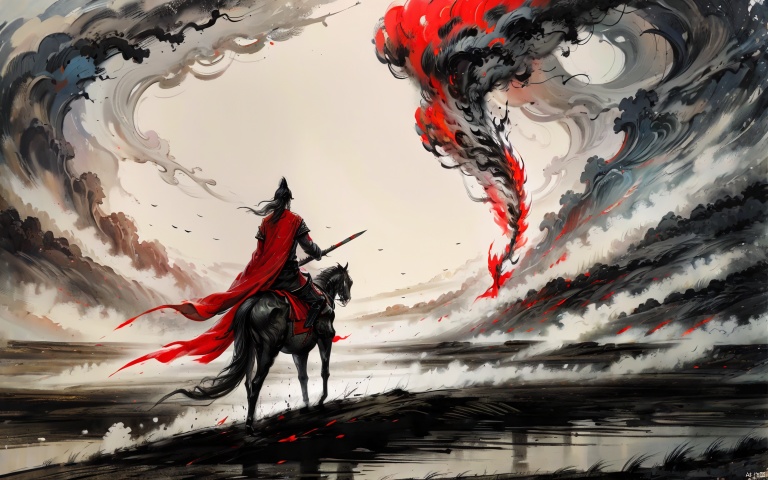  Ink style, military generals, Three Kingdoms, Zhao Yun, riding a horse, holding a red tassel gun in one hand, his cloak fluttering in the wind, wearing silver armor, his back to the camera, facing thousands of troops, the scene is grand and shocking, super wide-angle lens, ink painting, great soldier,chinese clothes,(full_body:1.3), gfink, guijian, cloud