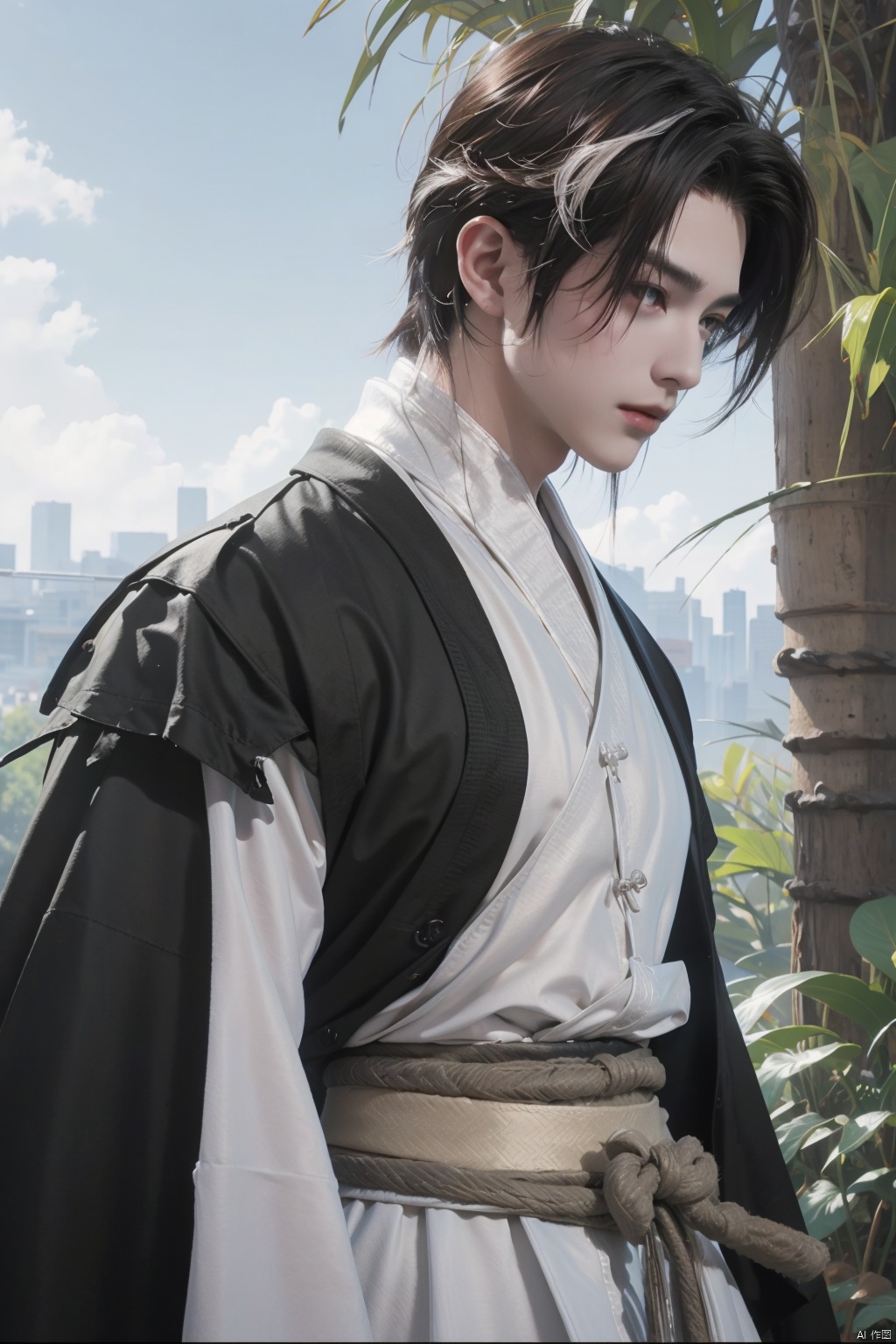  A boy with black hair, white hair, long hair and a high nose.Bust photo, China costume, Hanfu, bust photo,Gorgeous clothes, costumes, highlights, white highlights,Outdoor, fan, danjue, SaSangAAA