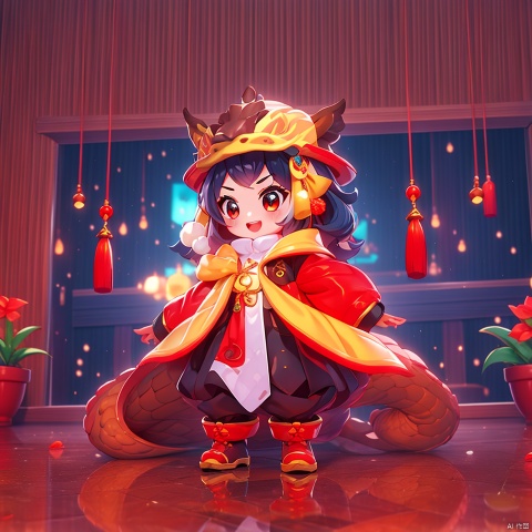  (masterpiece, top quality, best quality, official art), (full body), 1 girl, :d, tiger tooth, Chinese Spring Festival, winter, red sweater, clothes with a hat, hat with dragon characteristics, Chinese dragon, dragon head, Chinese courtyard, indoors, messy room, red theme, masterpiece, dragon,eastern dragon