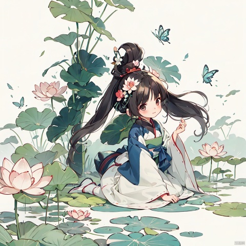  Anime girl in the lotus pond, dressed in Hanfu, butterflies flying in the air, beautiful animation art, a beautiful art illustration