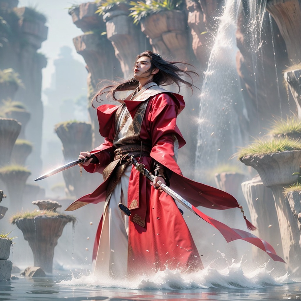  Male, (handsome), (thin), long sword, greatsword,long hair,floating hair, wet clothes, waterfall, cliff,tower , looking up at the sky, Chinese fantasy, rain, 32K uhd,