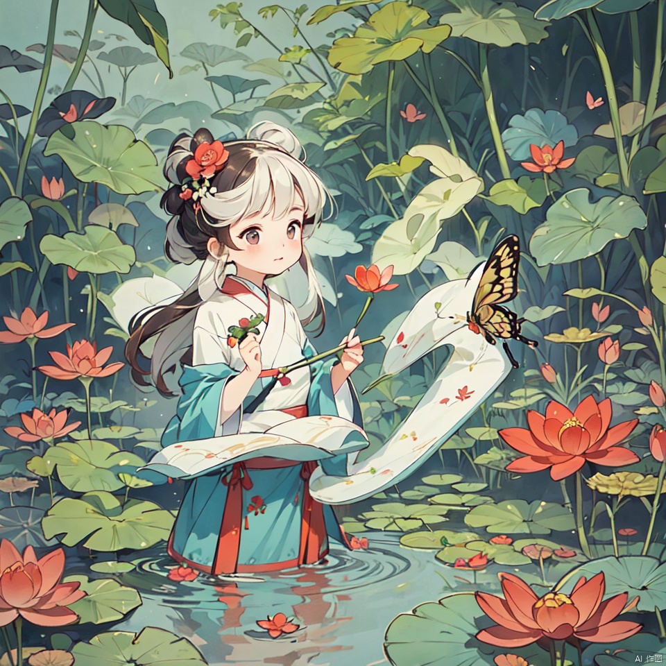  Anime girl in the lotus pond, dressed in Hanfu, butterflies flying in the air, beautiful animation art, a beautiful art illustration