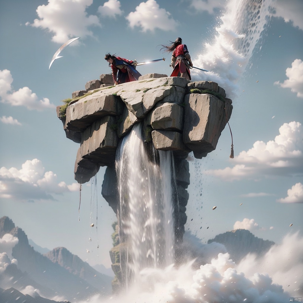  Male, (handsome), (thin), long sword, greatsword,long hair,floating hair, wet clothes, waterfall, cliff,tower , looking up at the sky, Chinese fantasy, rain, 32K uhd,